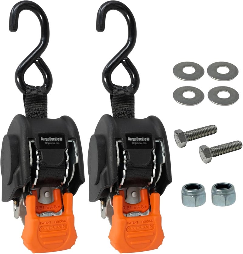 CargoBuckle Mini G3 Retractable Ratchet Straps, 1400 lbs Break Strength, 1-Inch Width X 6 ft Reach, Self Retracting Ratchet Straps for Trailers, Toy Haulers, ATVs, and Motorcycles - 2 Pack - Image 1
